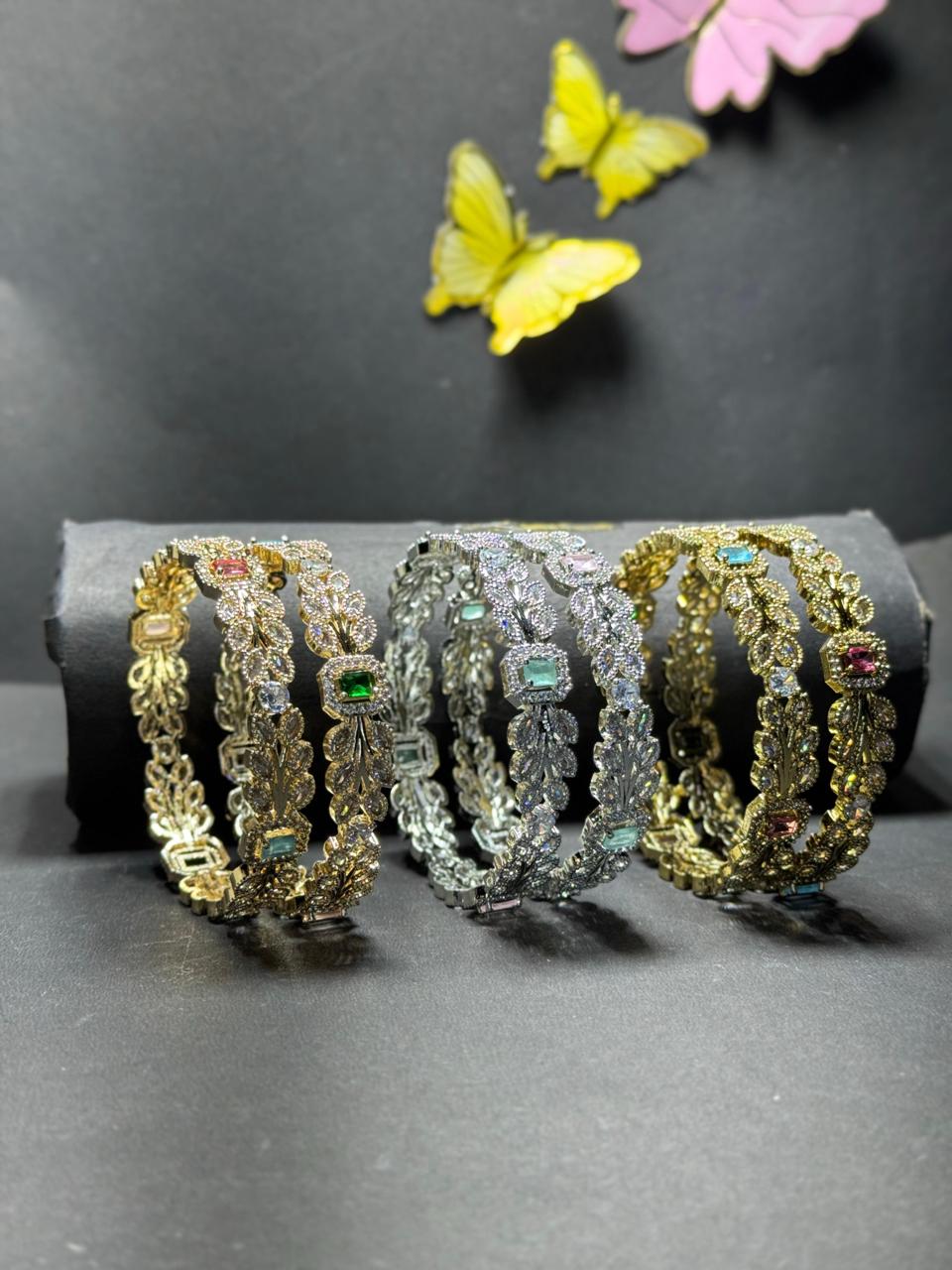 Antique Gold-Plated Floral Medallion Bangles with Radiant Emerald-Cut Crystals - Set of 2 - Image 2