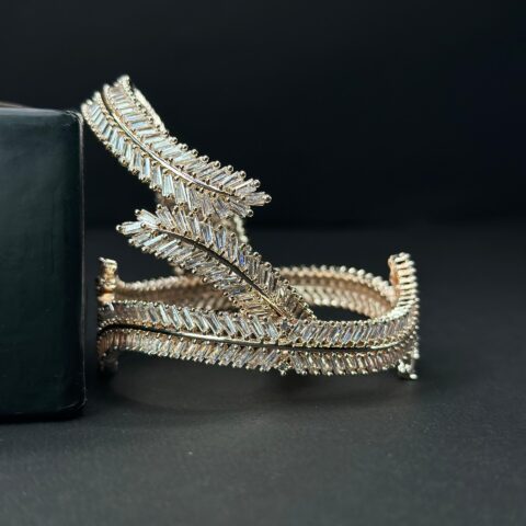 Luxé Leaf Wrap Statement Bracelet – Baguette-Cut Crystal Bypass Bangle in Rose Gold & Silver Tones