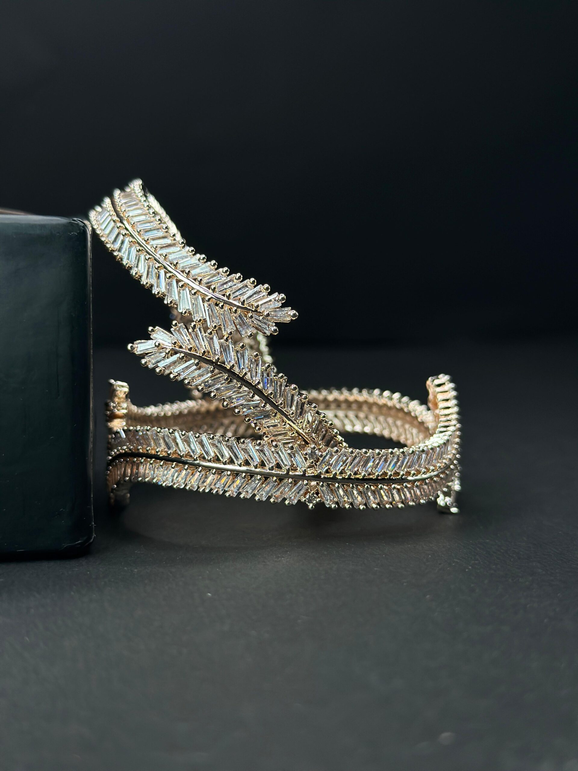 Luxé Leaf Wrap Statement Bracelet – Baguette-Cut Crystal Bypass Bangle in Rose Gold & Silver Tones