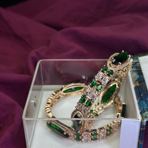 Royal Emerald & Diamond Zirconia Gold-Plated Bangle Set (Pair) – Vintage Marquise Cut Bridal Kada