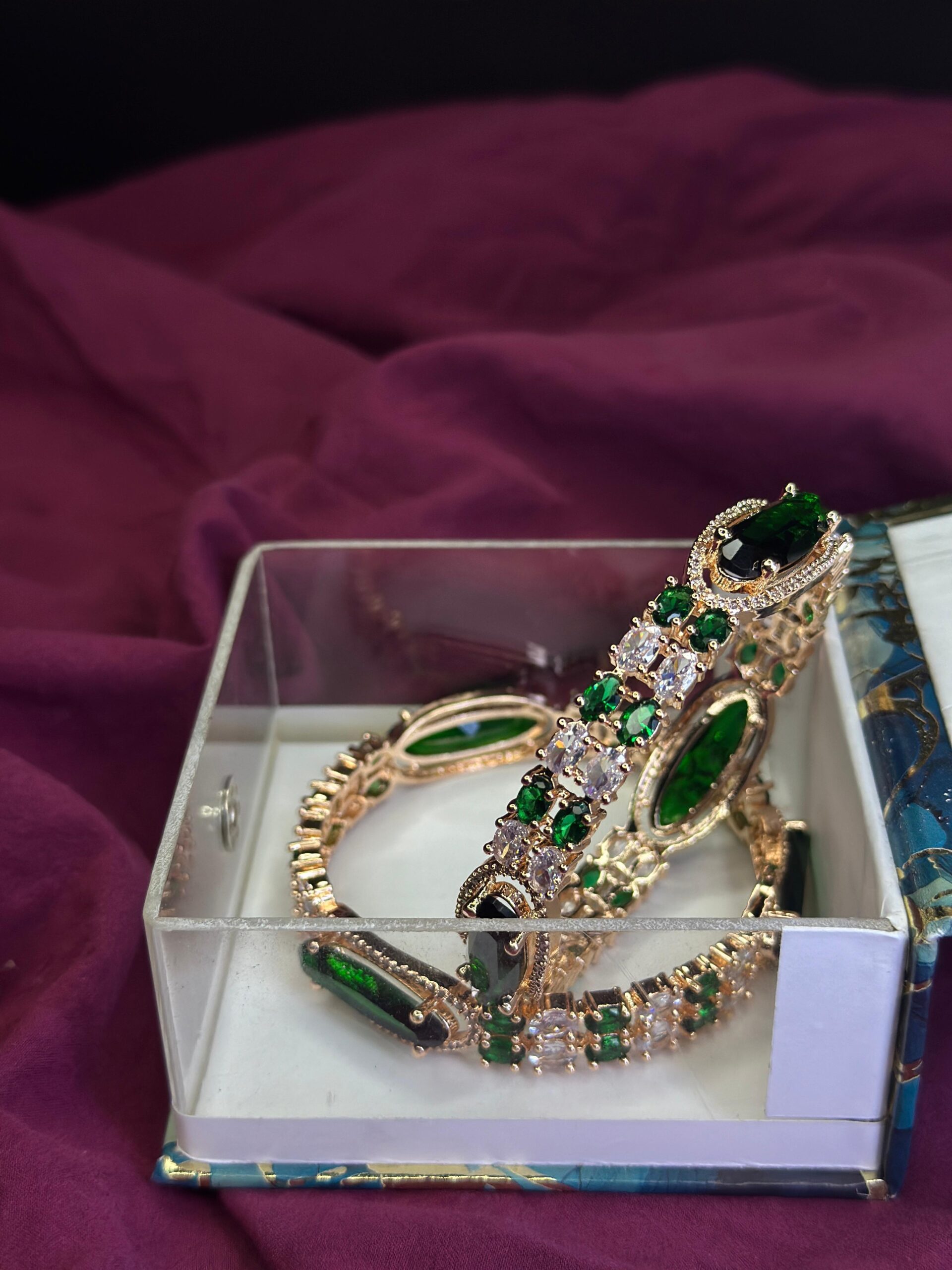 Royal Emerald & Diamond Zirconia Gold-Plated Bangle Set (Pair) – Vintage Marquise Cut Bridal Kada