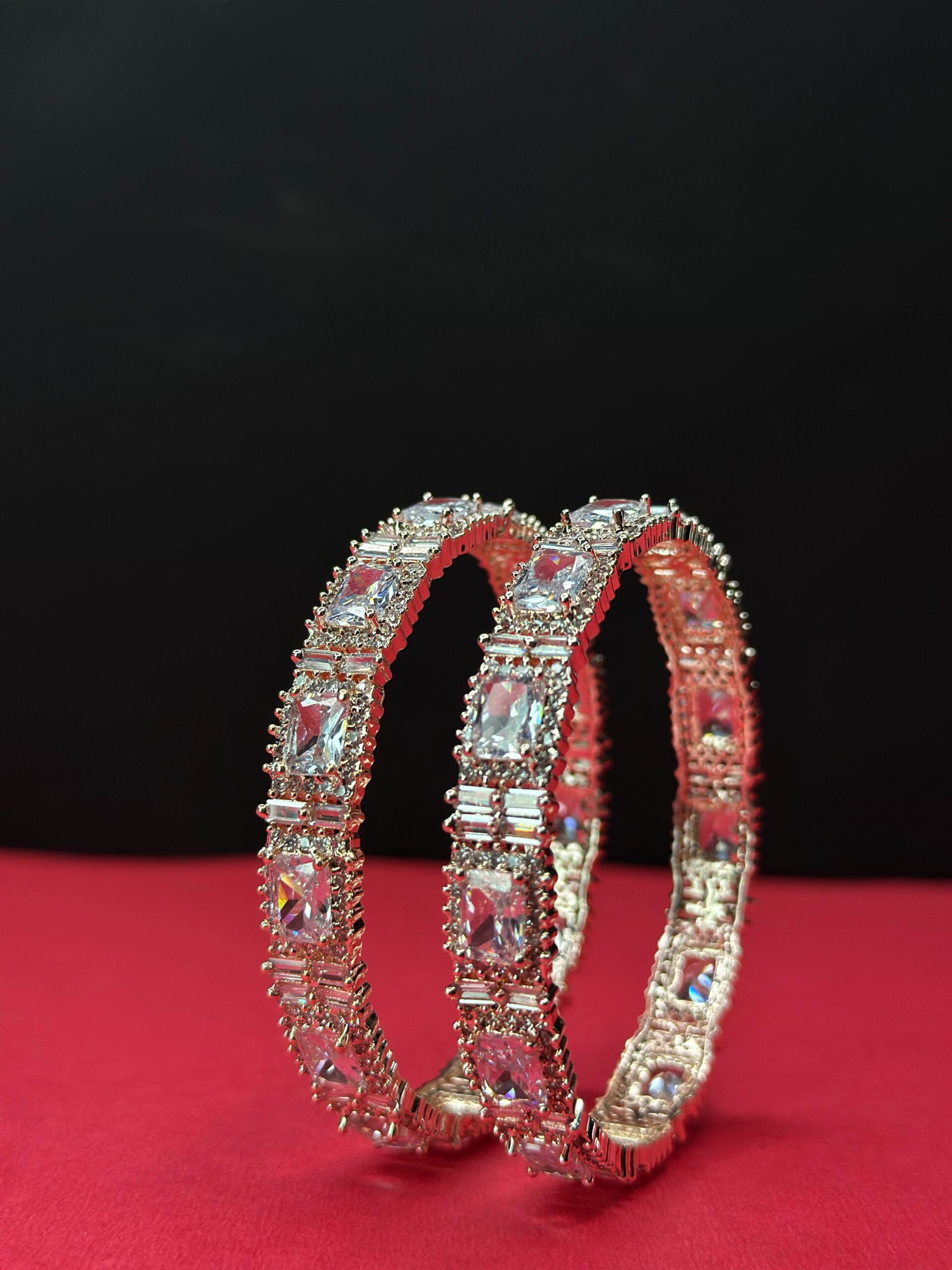 Elegant Multi-Color Emerald-Cut Gemstone Bangles with Baguette Accents - Gold-Toned Brass (Set of 2) - Image 2