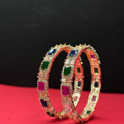 Elegant Multi-Color Emerald-Cut Gemstone Bangles with Baguette Accents - Gold-Toned Brass (Set of 2)
