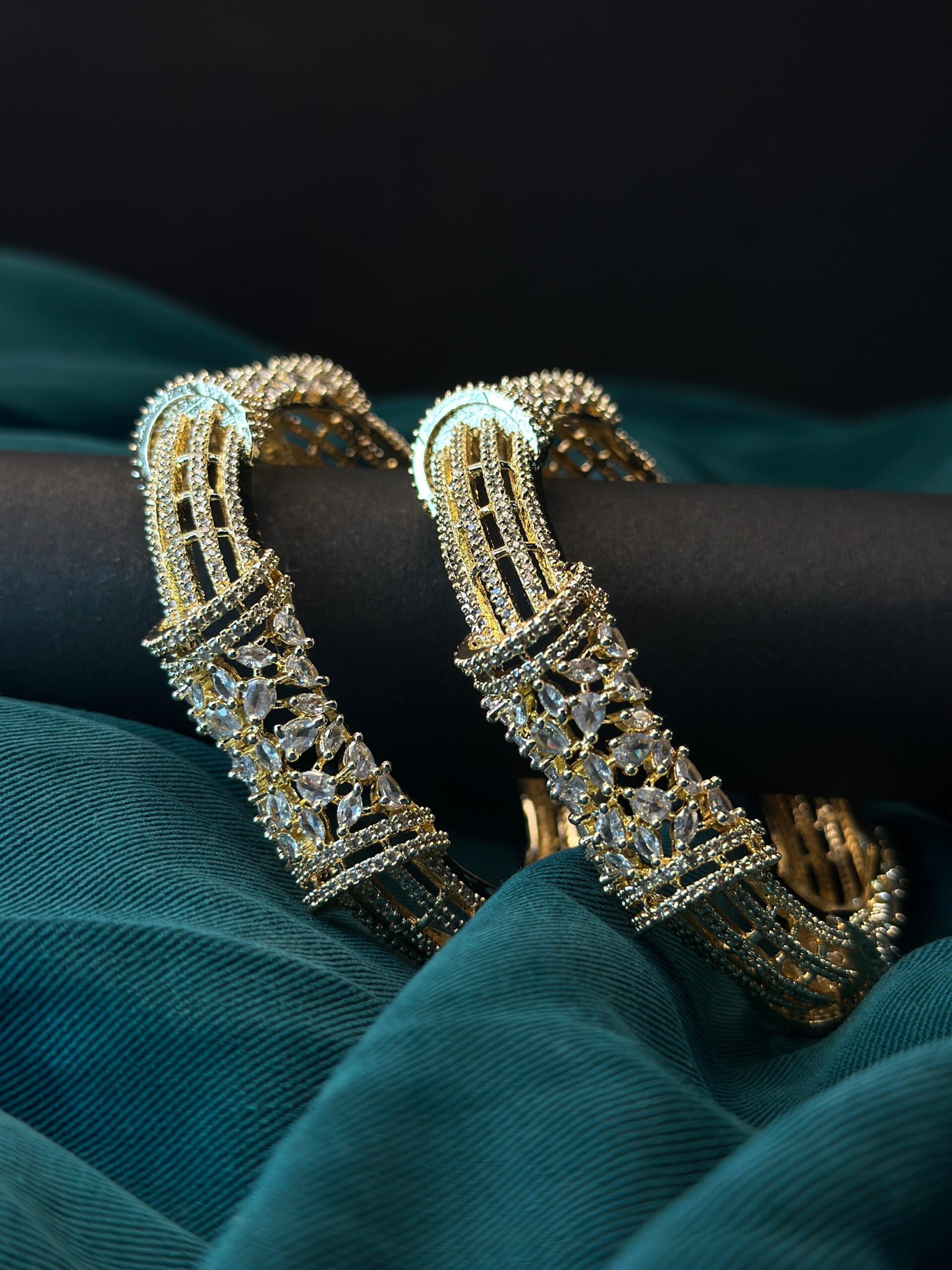 Royal Lattice Handcrafted Designer Bangles - Intricate Cubic Zirconia Embellished Statement Kada Set (Available in Gold, Silver, and Rose Gold Finishes) - Image 4