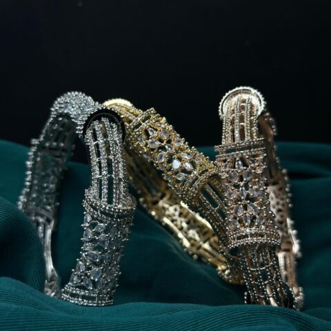 Royal Lattice Handcrafted Designer Bangles - Intricate Cubic Zirconia Embellished Statement Kada Set (Available in Gold, Silver, and Rose Gold Finishes)