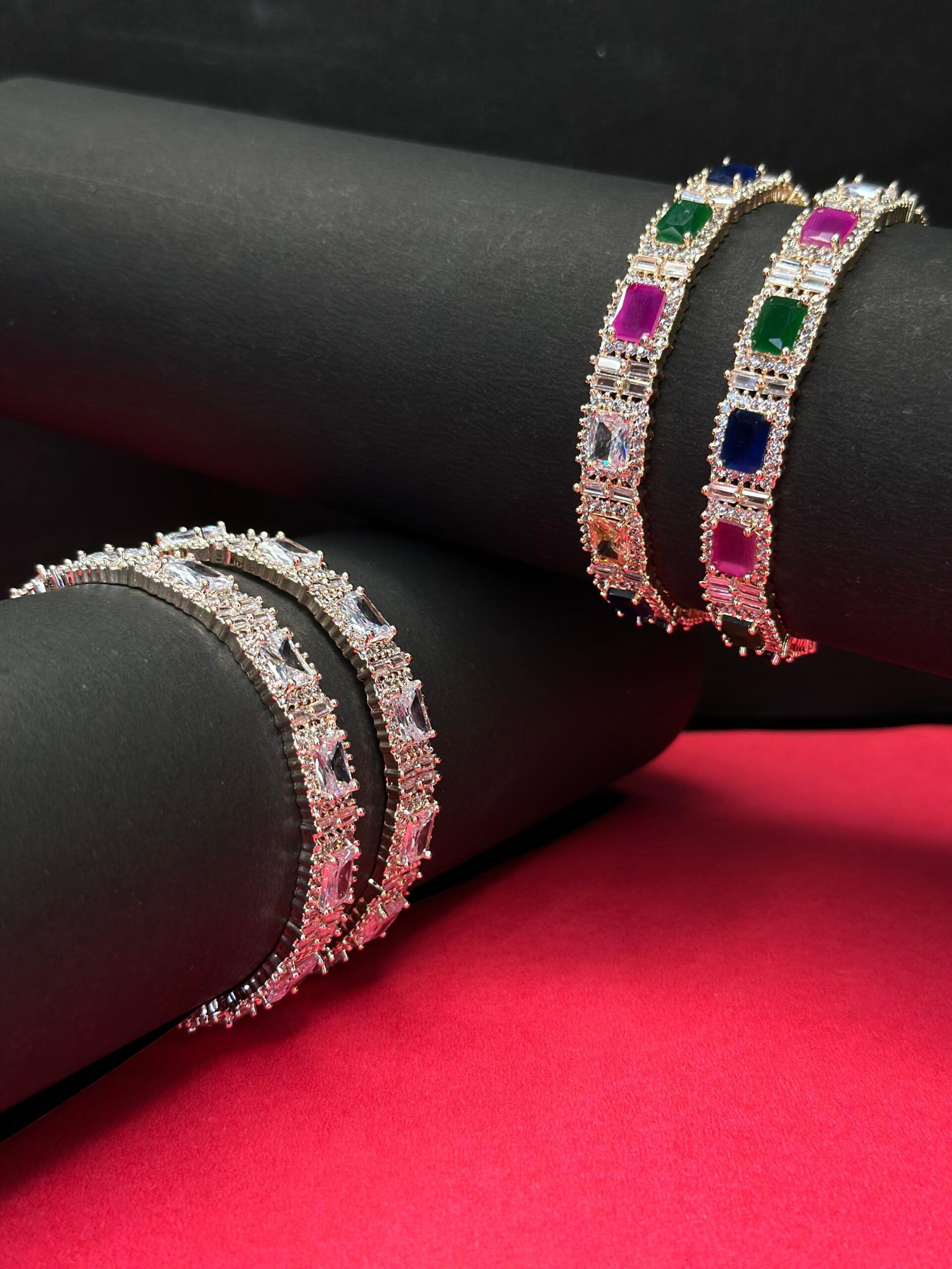 Elegant Multi-Color Emerald-Cut Gemstone Bangles with Baguette Accents - Gold-Toned Brass (Set of 2) - Image 4