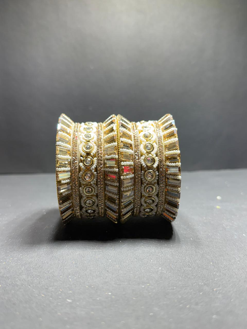 Exquisite Gold-Toned Bridal Chura Set – Designer Kundan & Stone Studded Heavy Bangle Set with Pearl Accents