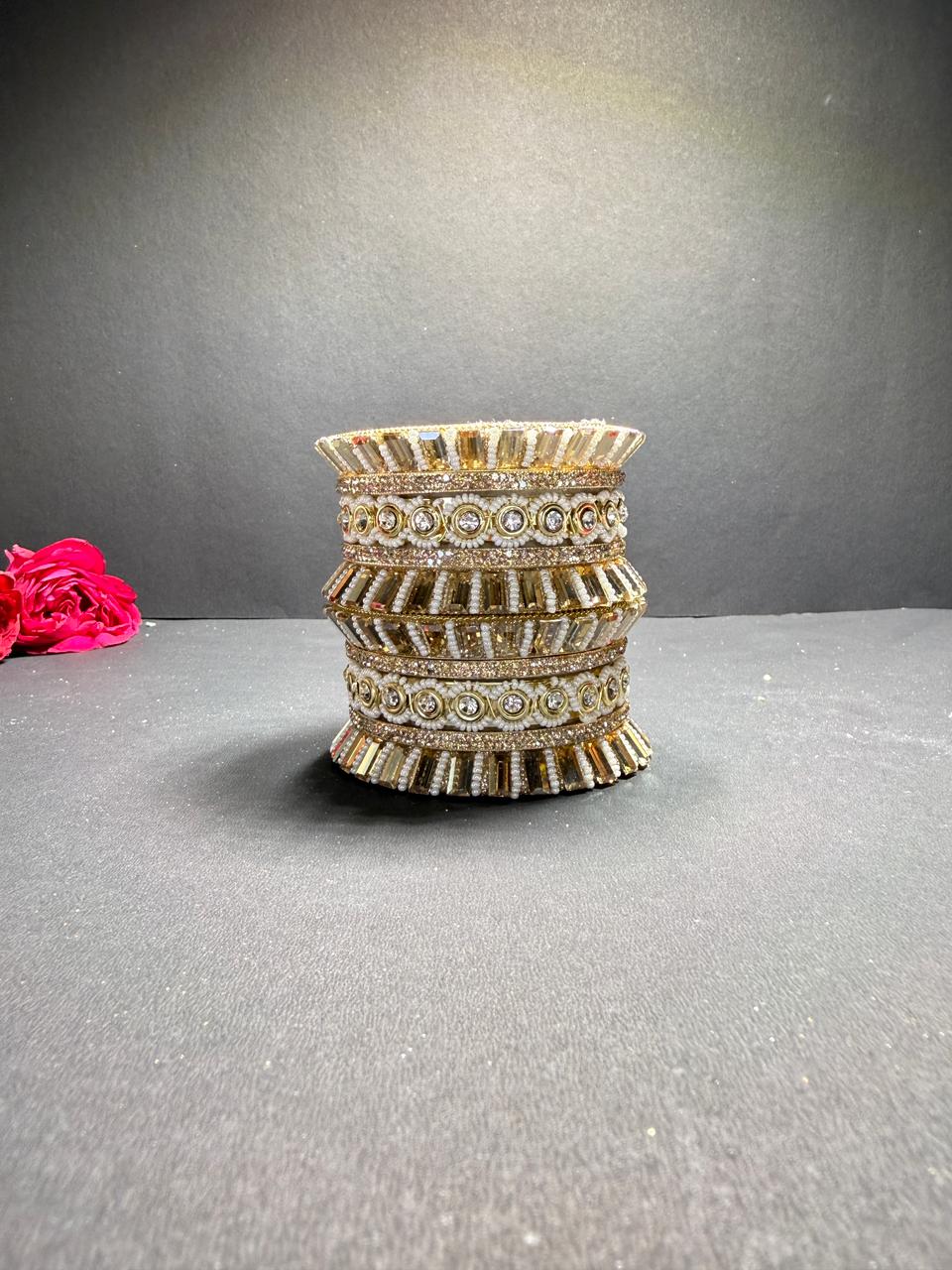 Exquisite Gold-Toned Bridal Chura Set – Designer Kundan & Stone Studded Heavy Bangle Set with Pearl Accents - Image 2