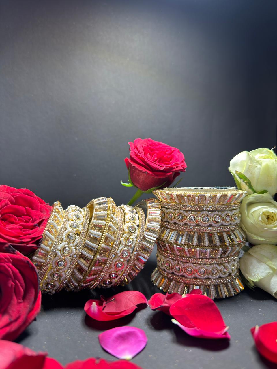 Exquisite Gold-Toned Bridal Chura Set – Designer Kundan & Stone Studded Heavy Bangle Set with Pearl Accents - Image 3