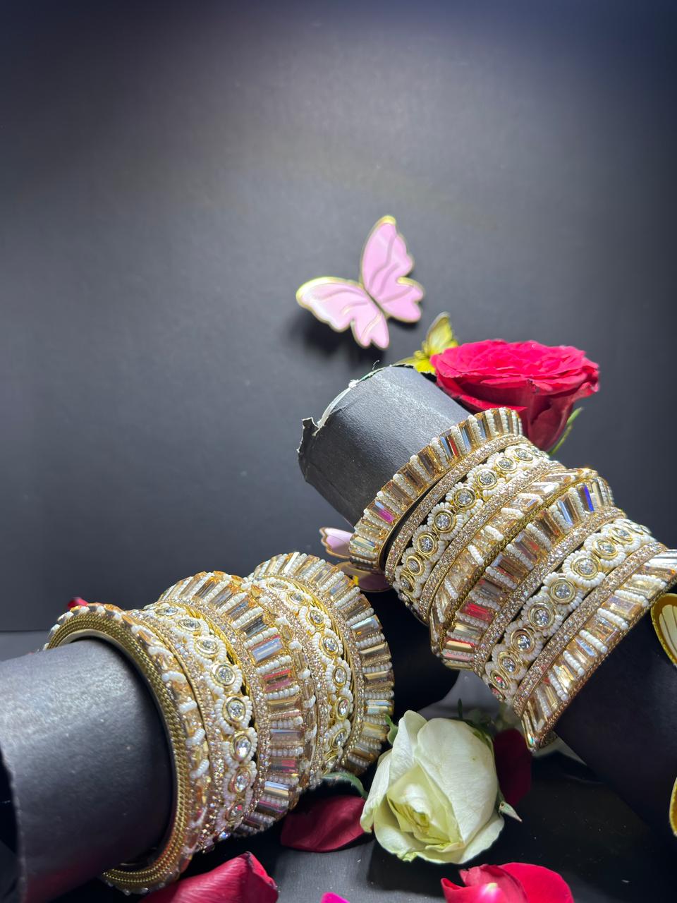 Exquisite Gold-Toned Bridal Chura Set – Designer Kundan & Stone Studded Heavy Bangle Set with Pearl Accents - Image 4