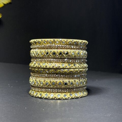 Exquisite Gold-Toned Mirror Work Bangle Set Traditional Indian Chuda with Crystal Accents for Bridal & Festive Wear