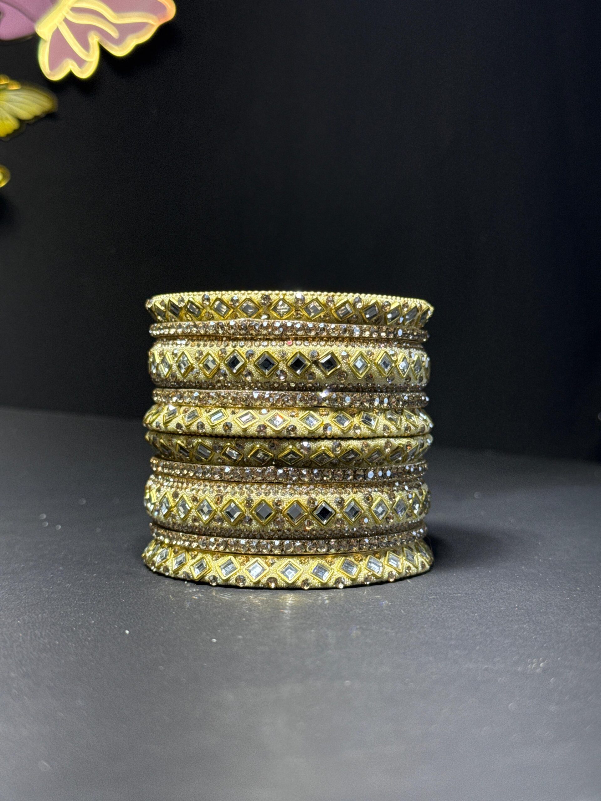 Exquisite Gold-Toned Mirror Work Bangle Set Traditional Indian Chuda with Crystal Accents for Bridal & Festive Wear
