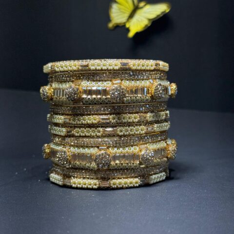 Exquisite Gold-Toned Bridal Chura Set – Handcrafted Designer Bangles with Kundan-Style Stones, Baguette Crystals, and Pearl Accents