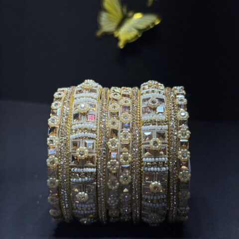 Exquisite Handcrafted Bridal Chura Set – Antique Gold Finish with Pearl Accents, Kundan-Style Stones & Floral Beadwork