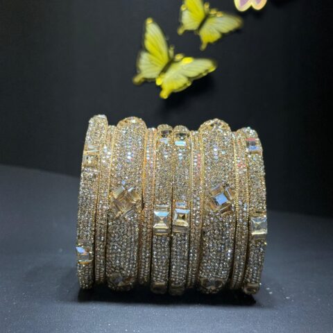 Exquisite Gold-Toned Bridal Bangle Set with Zirconia Accents and Geometric Solitaire Crystals