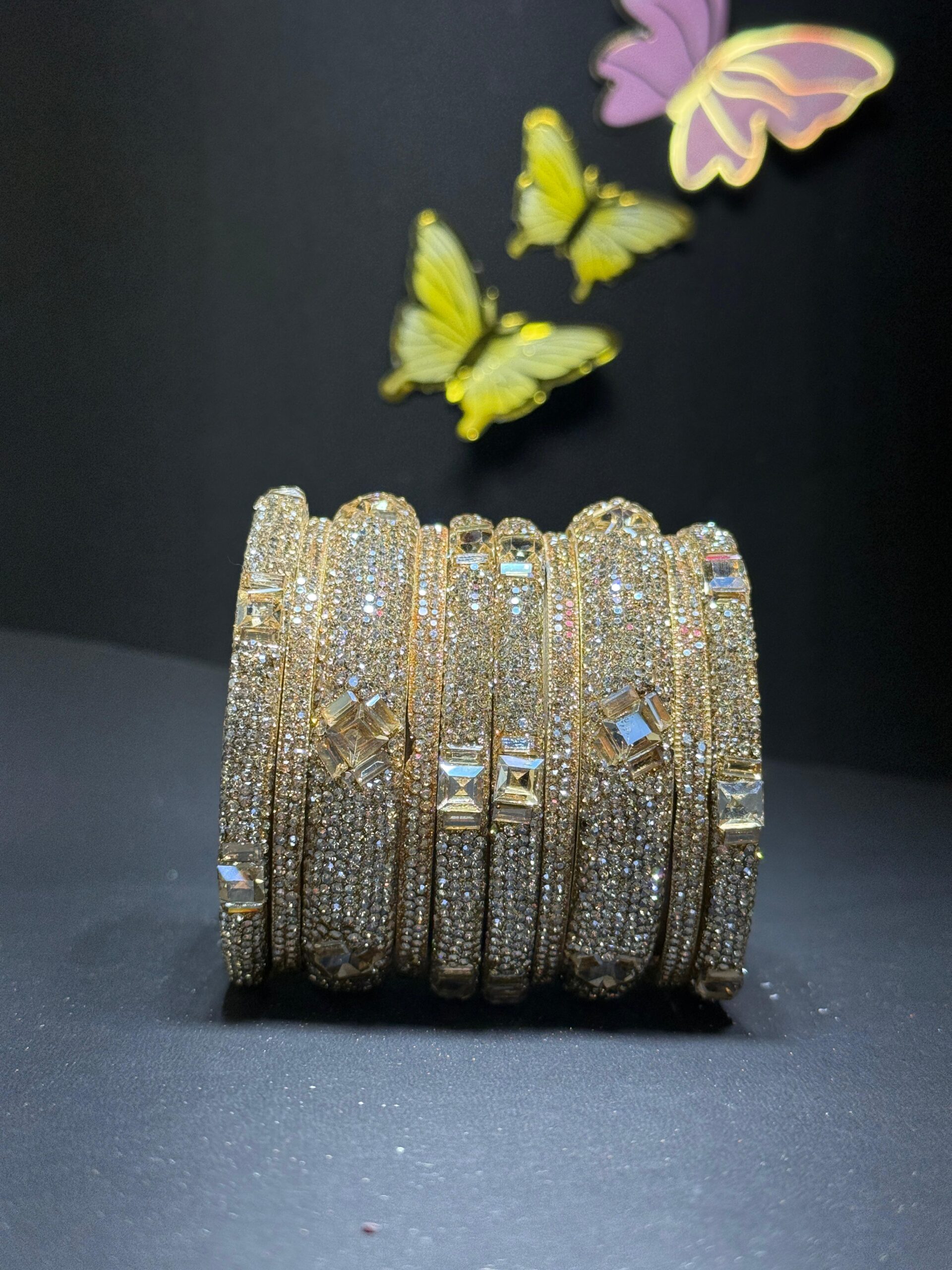 Exquisite Gold-Toned Bridal Bangle Set with Zirconia Accents and Geometric Solitaire Crystals