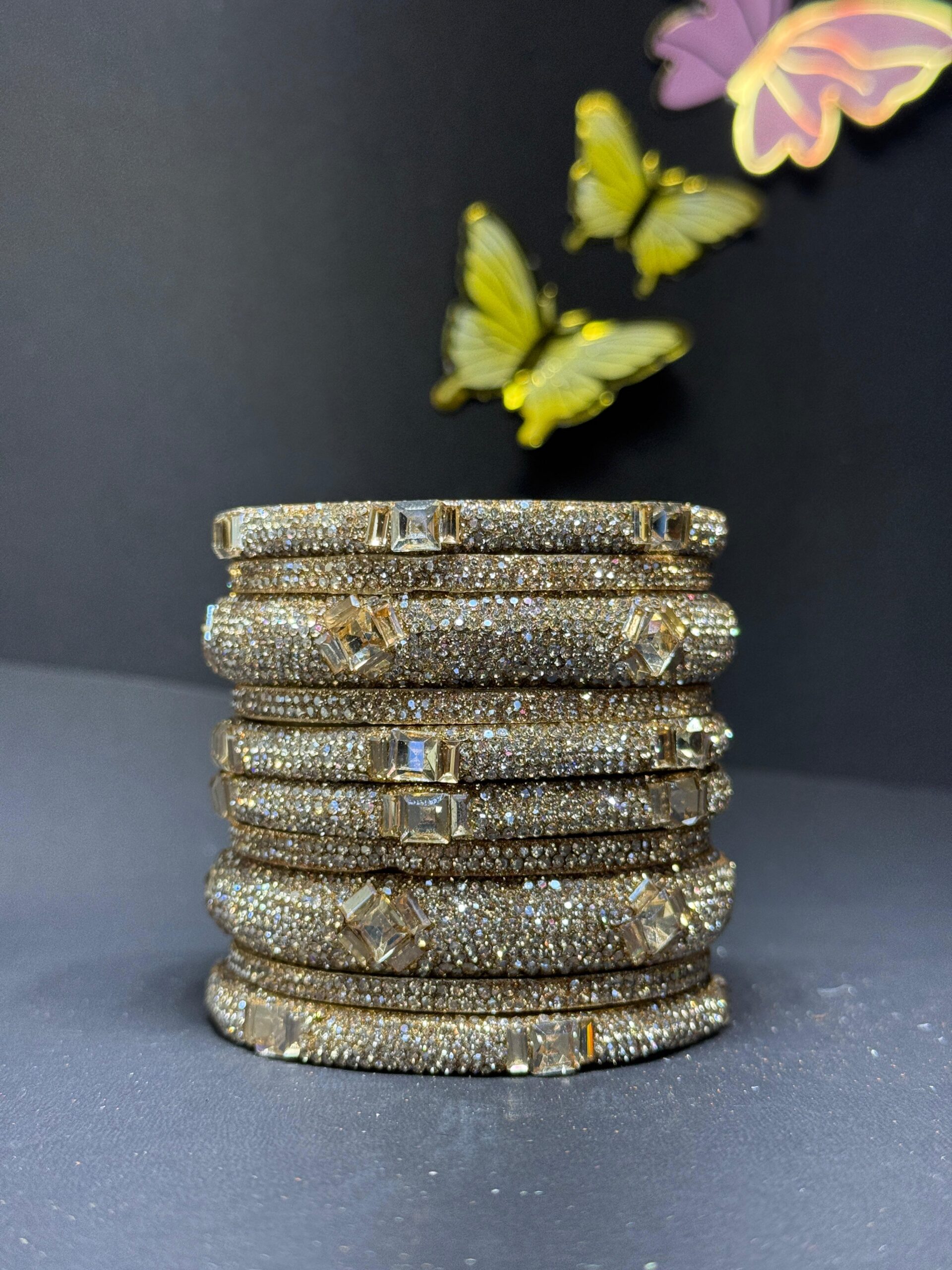 Exquisite Gold-Toned Bridal Bangle Set with Zirconia Accents and Geometric Solitaire Crystals - Image 2