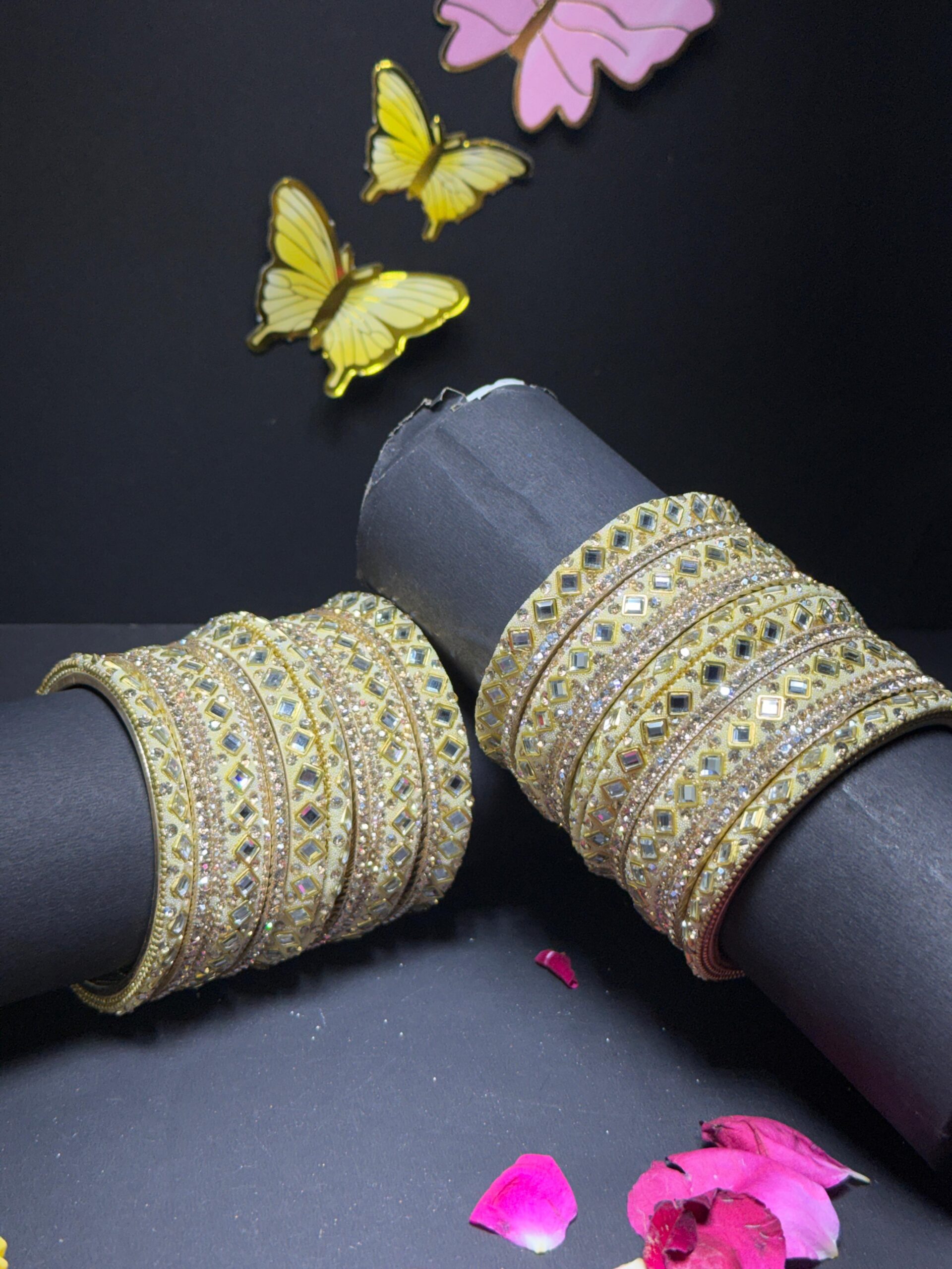 Exquisite Gold-Toned Mirror Work Bangle Set Traditional Indian Chuda with Crystal Accents for Bridal & Festive Wear - Image 4