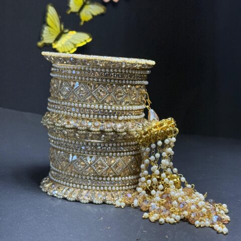 Exquisite Gold-Toned Bridal Chura Set with Kundan-Style Stonework and Pearl Latkan Tassels - Handcrafted Festive Bangle Set for Women