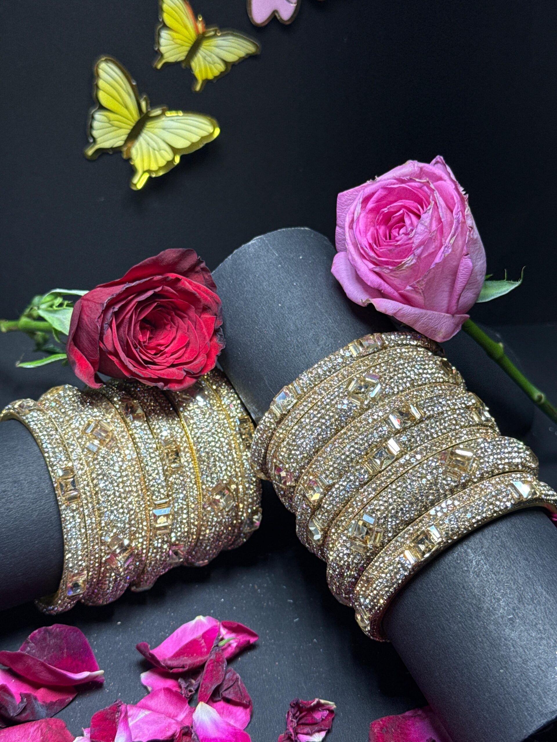 Exquisite Gold-Toned Bridal Bangle Set with Zirconia Accents and Geometric Solitaire Crystals - Image 6