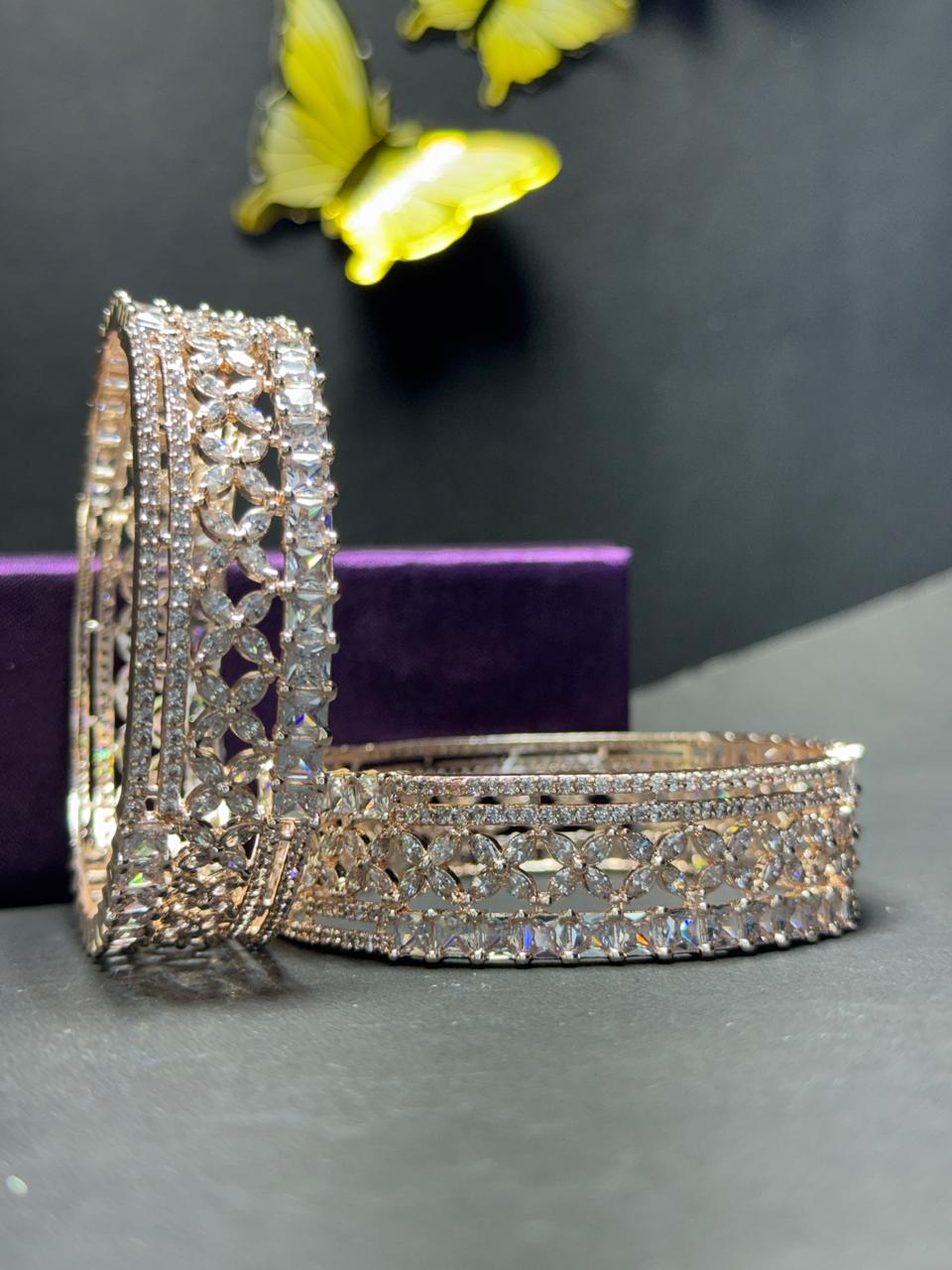 Exquisite Rose Gold Plated American Diamond Chuda Set – Intricate Floral & Geometric Stone-Studded Bangles for Women - Image 3