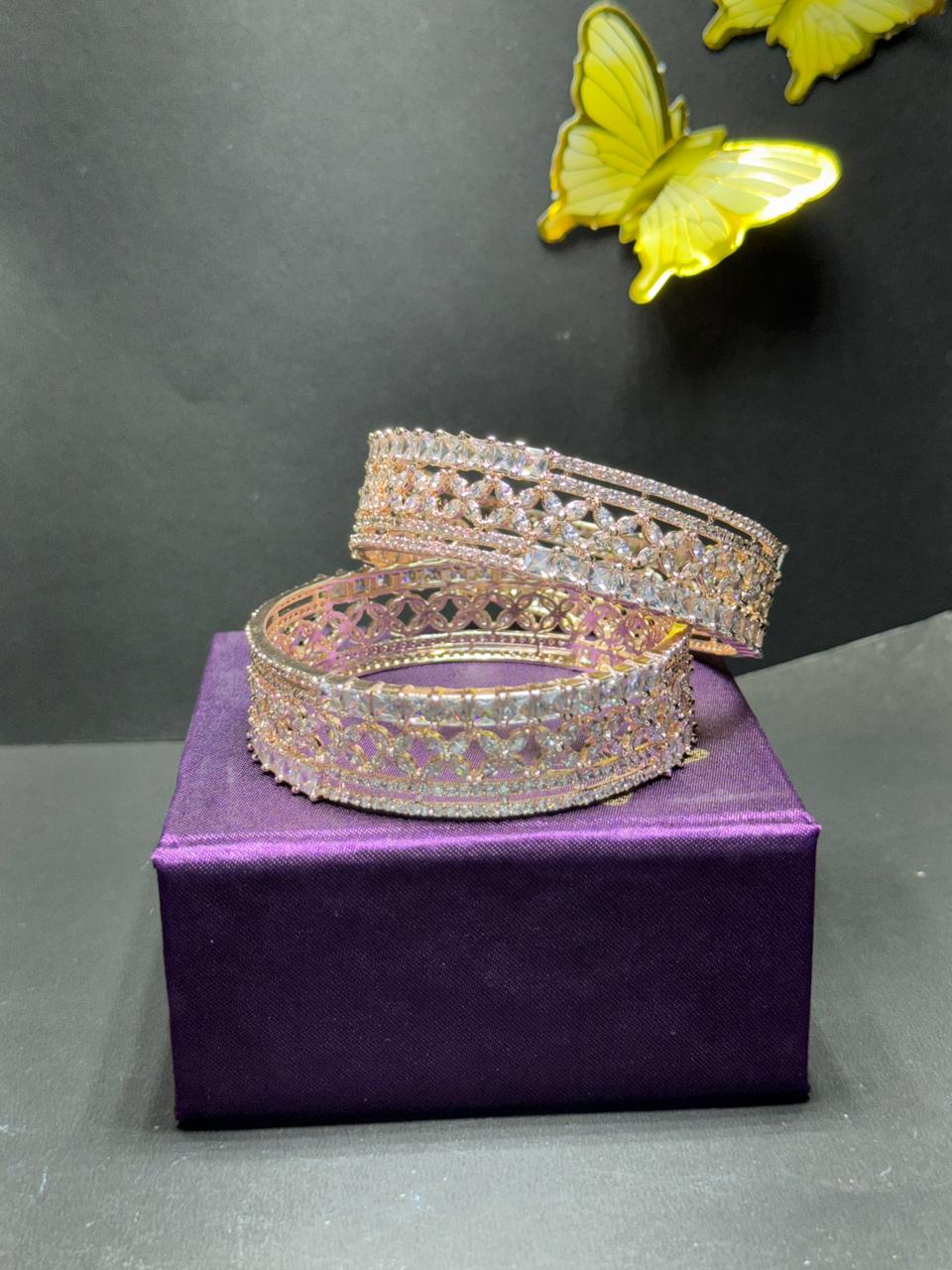 Exquisite Rose Gold Plated American Diamond Chuda Set – Intricate Floral & Geometric Stone-Studded Bangles for Women - Image 5