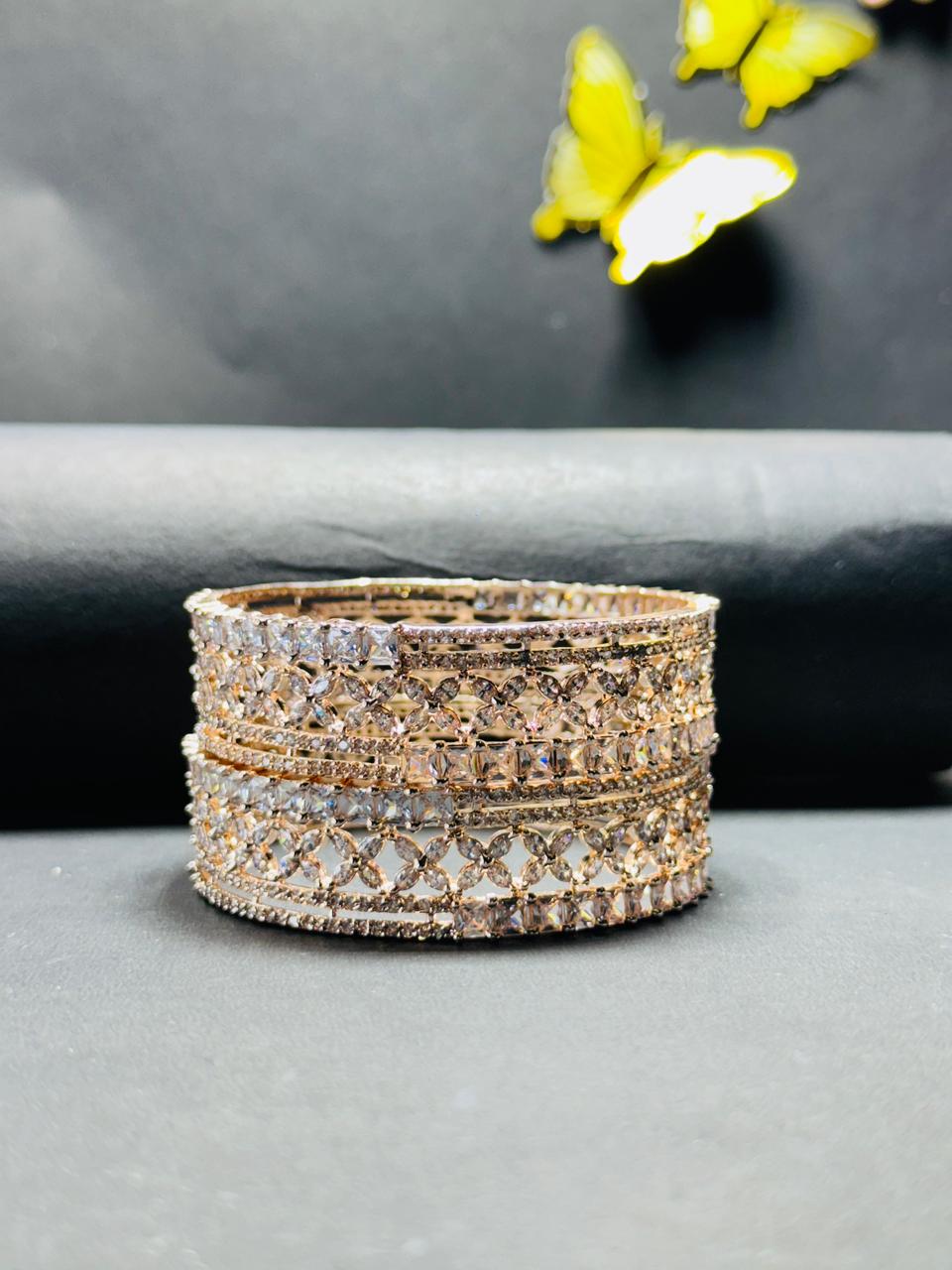 Exquisite Rose Gold Plated American Diamond Chuda Set – Intricate Floral & Geometric Stone-Studded Bangles for Women