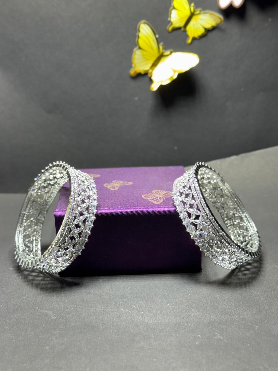 Exquisite Rhodium-Plated Floral Lattice Statement Bangle Set – Premium Cubic Zirconia Stacked Bridal Cuff for Women - Image 6
