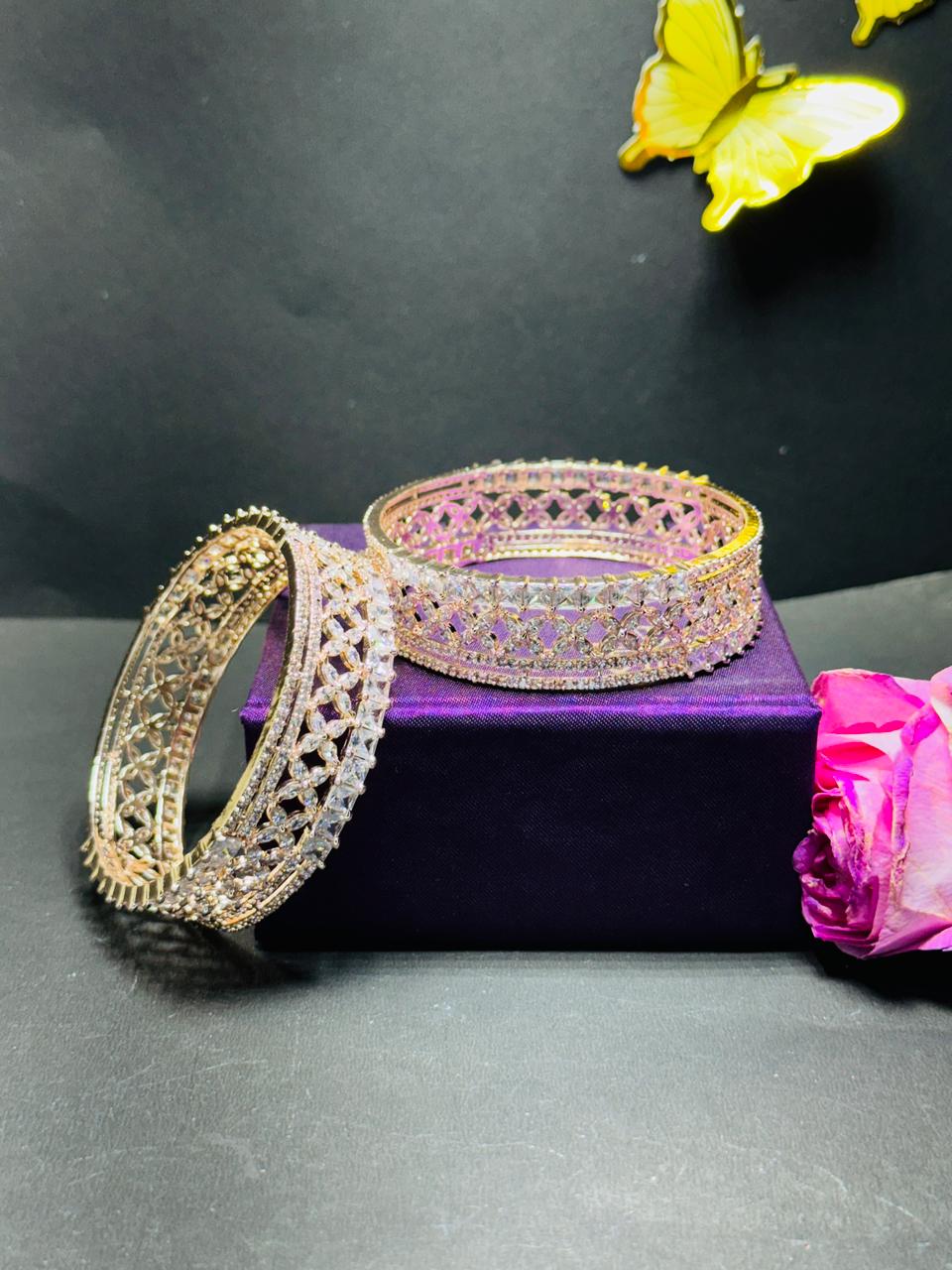 Exquisite Rose Gold Plated American Diamond Chuda Set – Intricate Floral & Geometric Stone-Studded Bangles for Women - Image 6