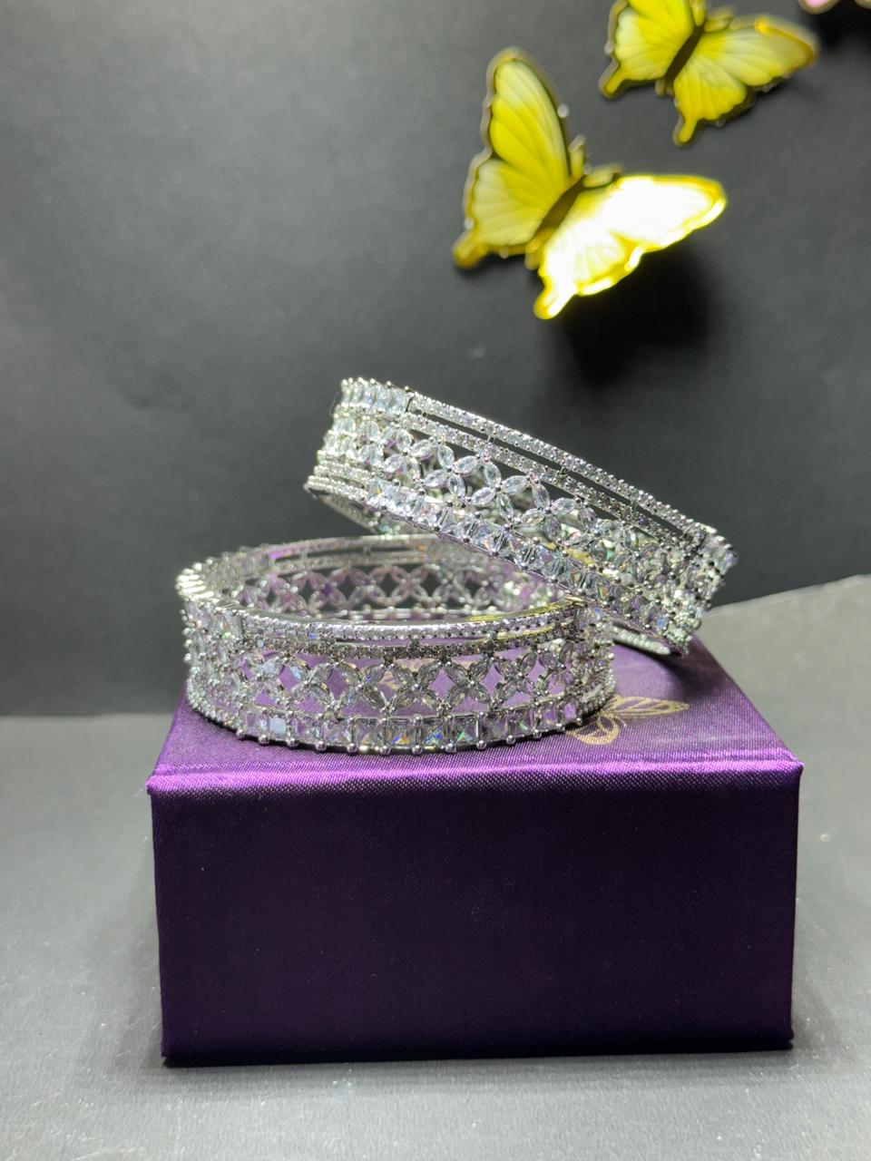 Exquisite Rhodium-Plated Floral Lattice Statement Bangle Set – Premium Cubic Zirconia Stacked Bridal Cuff for Women - Image 5