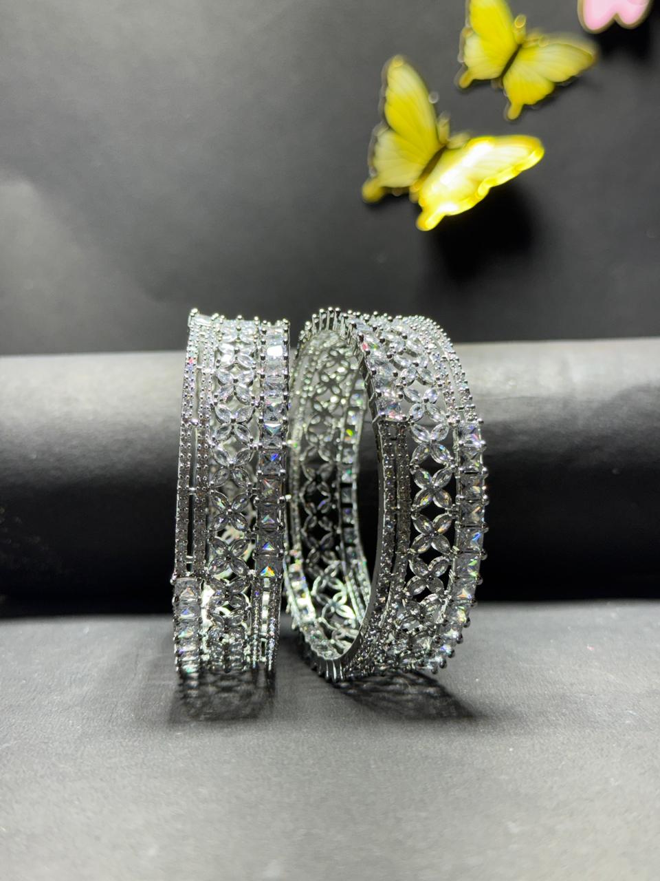 Exquisite Rhodium-Plated Floral Lattice Statement Bangle Set – Premium Cubic Zirconia Stacked Bridal Cuff for Women - Image 3