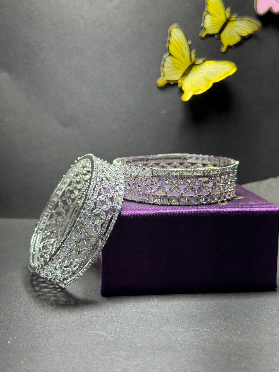 Exquisite Rhodium-Plated Floral Lattice Statement Bangle Set – Premium Cubic Zirconia Stacked Bridal Cuff for Women - Image 4