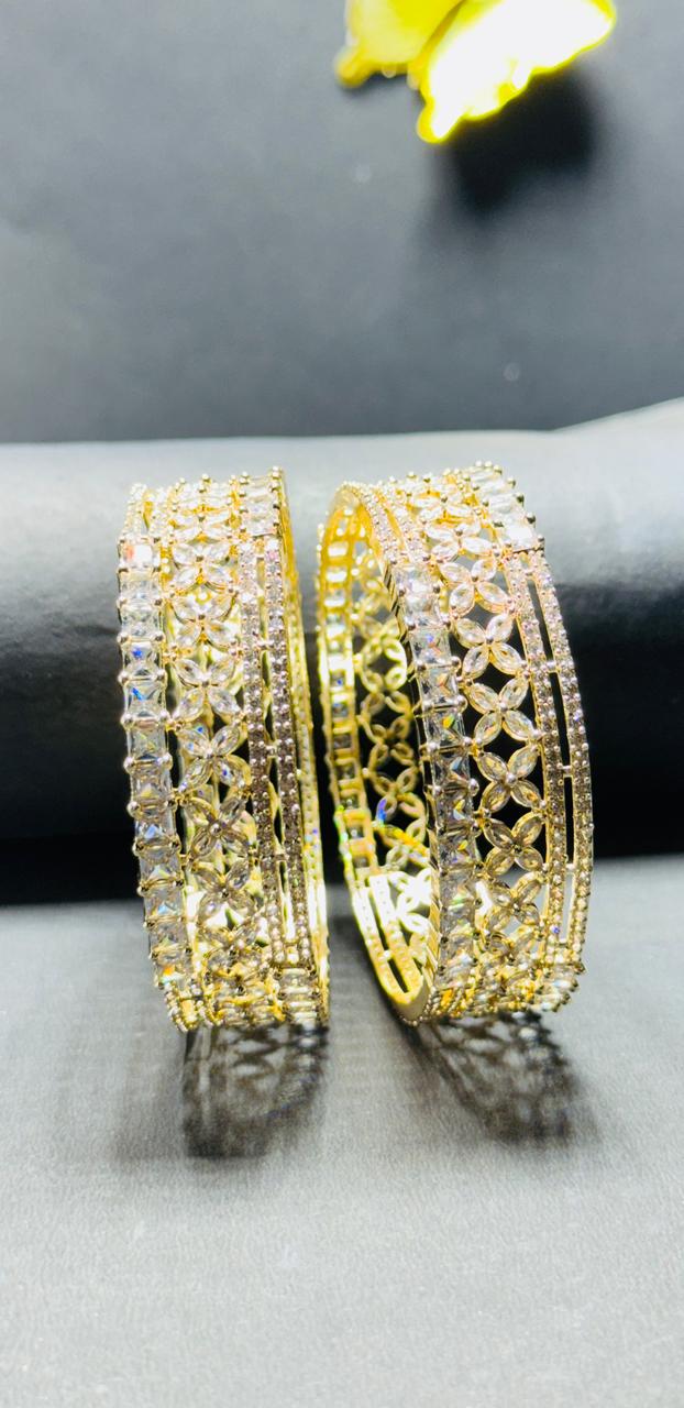 Exquisite Gold-Plated Floral Cut-Work Bangles with American Diamond & Baguette Stone Studding – Set of 2 (Kangan Style) - Image 2
