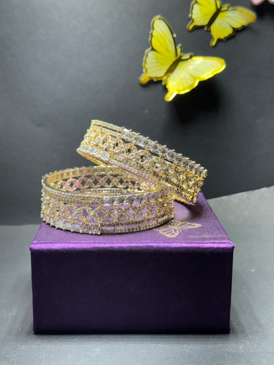 Exquisite Gold-Plated Floral Cut-Work Bangles with American Diamond & Baguette Stone Studding – Set of 2 (Kangan Style) - Image 3
