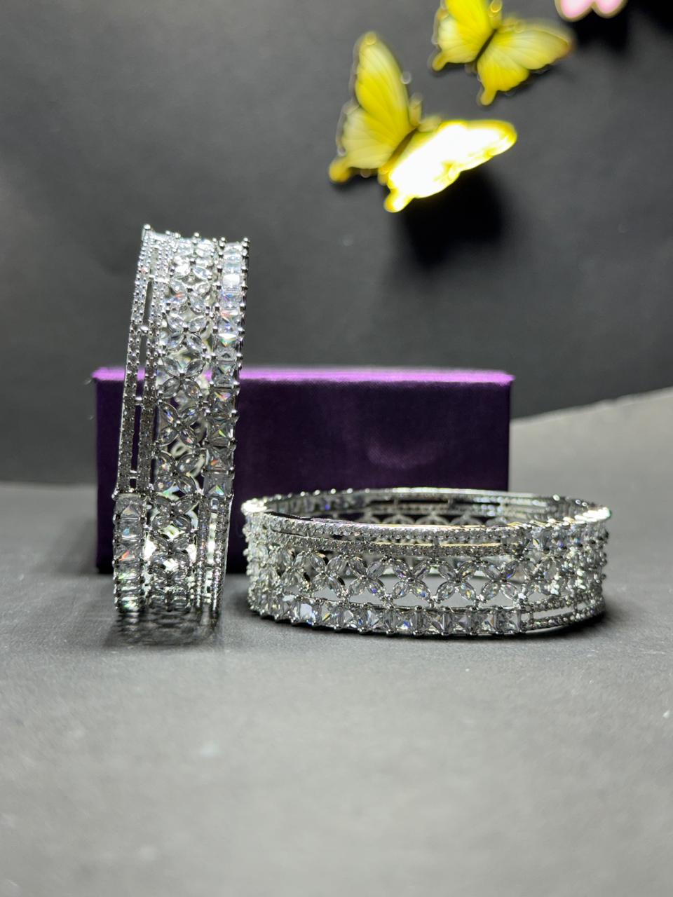 Exquisite Rhodium-Plated Floral Lattice Statement Bangle Set – Premium Cubic Zirconia Stacked Bridal Cuff for Women - Image 2