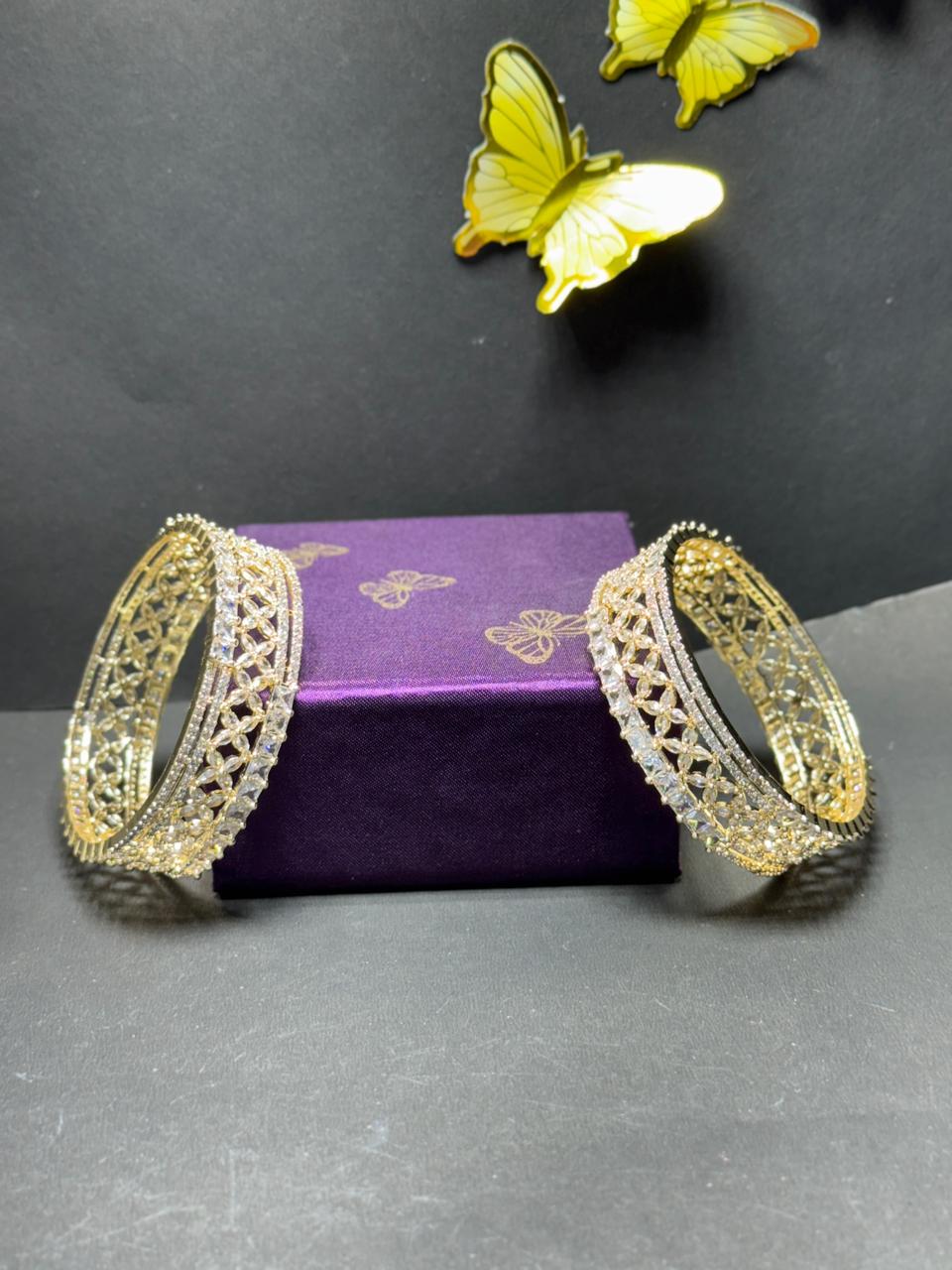 Exquisite Gold-Plated Floral Cut-Work Bangles with American Diamond & Baguette Stone Studding – Set of 2 (Kangan Style) - Image 4