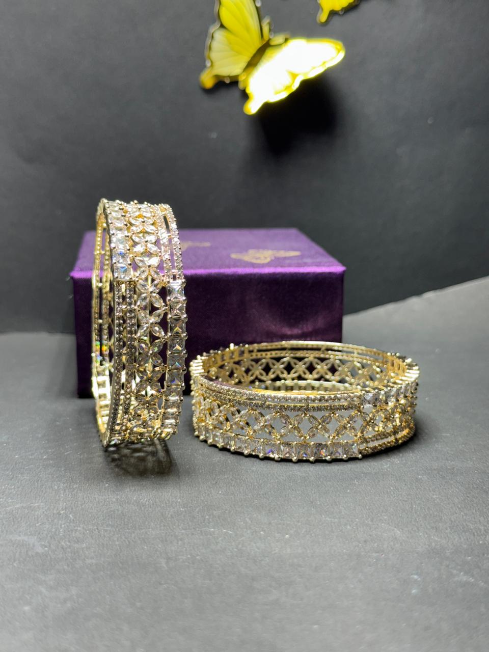 Exquisite Gold-Plated Floral Cut-Work Bangles with American Diamond & Baguette Stone Studding – Set of 2 (Kangan Style) - Image 5