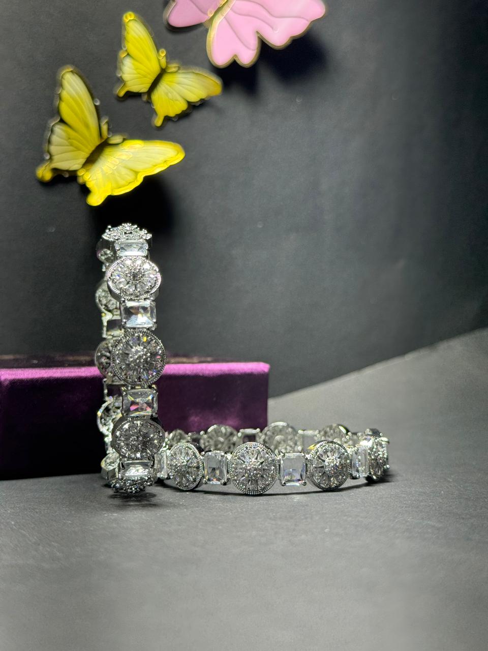 Vintage-Inspired Art Deco Rhodium-Plated Bangle – Alternating Cushion & Halo Medallion Statement Bracelet - Image 2