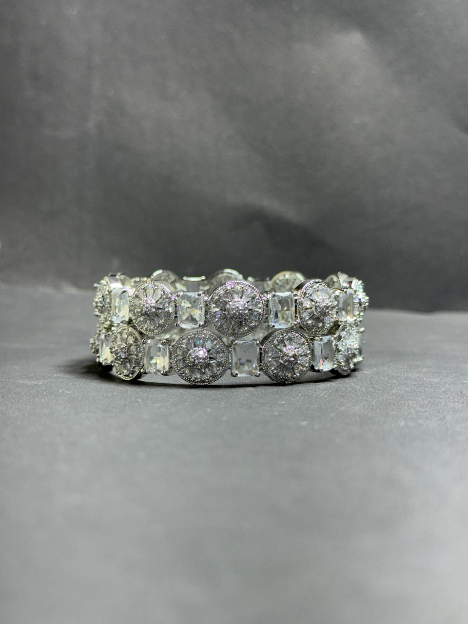 Vintage-Inspired Art Deco Rhodium-Plated Bangle – Alternating Cushion & Halo Medallion Statement Bracelet