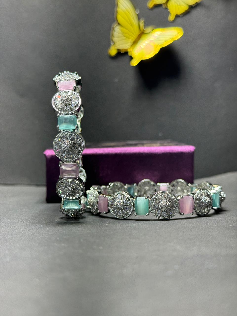 Radiant Medallion Statement Bangles – Dual-Tone Pastel & White Zirconia Kadas in Polished Silver Finish (Set of 2) - Image 3