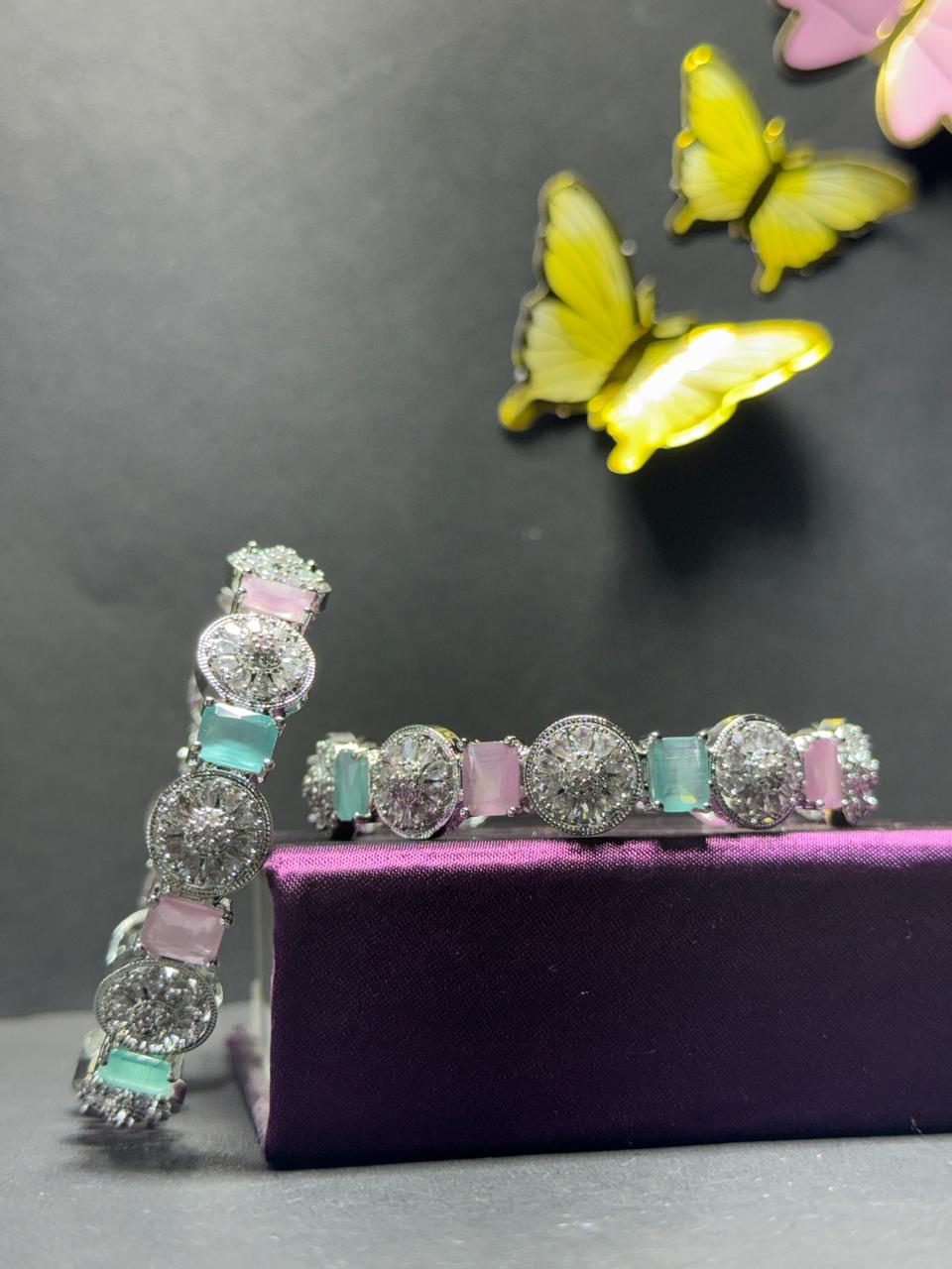 Radiant Medallion Statement Bangles – Dual-Tone Pastel & White Zirconia Kadas in Polished Silver Finish (Set of 2) - Image 6