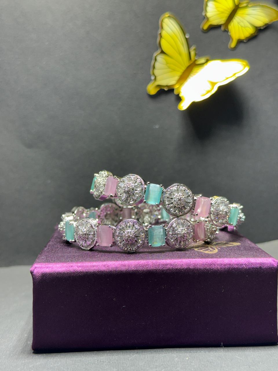 Radiant Medallion Statement Bangles – Dual-Tone Pastel & White Zirconia Kadas in Polished Silver Finish (Set of 2) - Image 4