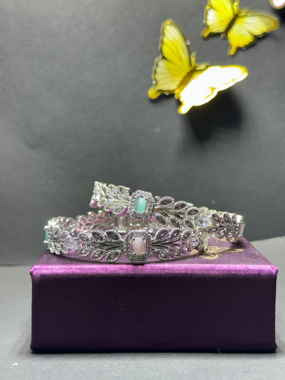 Regal Leaf Motif Statement Bangles – Gold & Silver Plated Kadas with Multi-Color Baguette Gemstones and Marquise Crystals (Set of 2) - Image 3