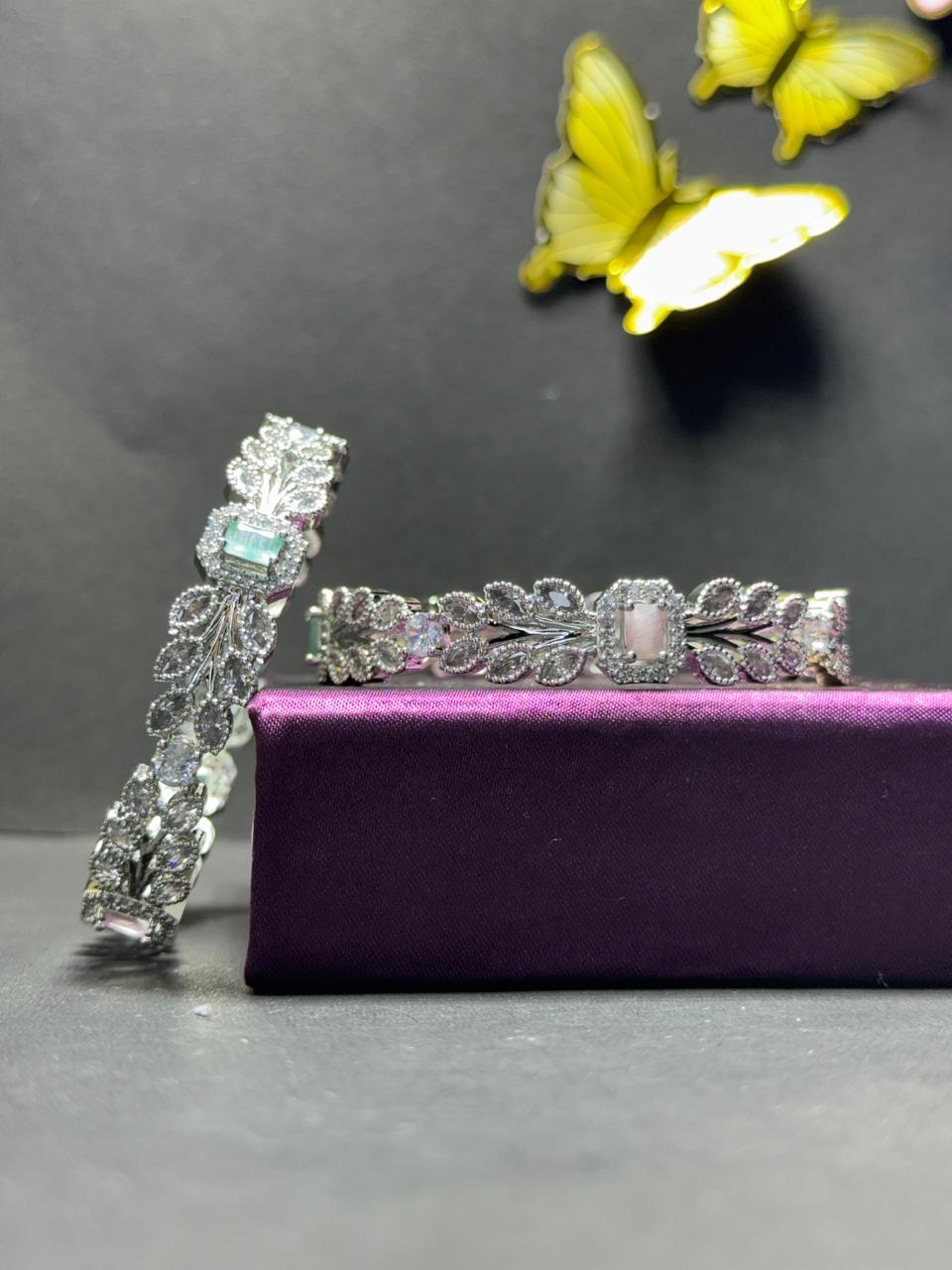 Regal Leaf Motif Statement Bangles – Gold & Silver Plated Kadas with Multi-Color Baguette Gemstones and Marquise Crystals (Set of 2) - Image 2