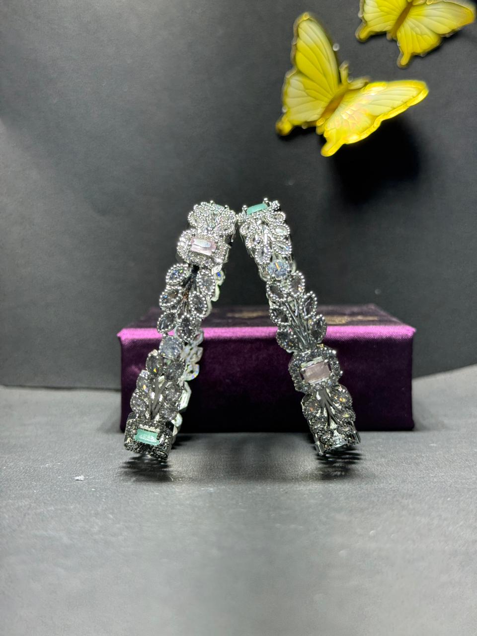 Regal Leaf Motif Statement Bangles – Gold & Silver Plated Kadas with Multi-Color Baguette Gemstones and Marquise Crystals (Set of 2) - Image 4