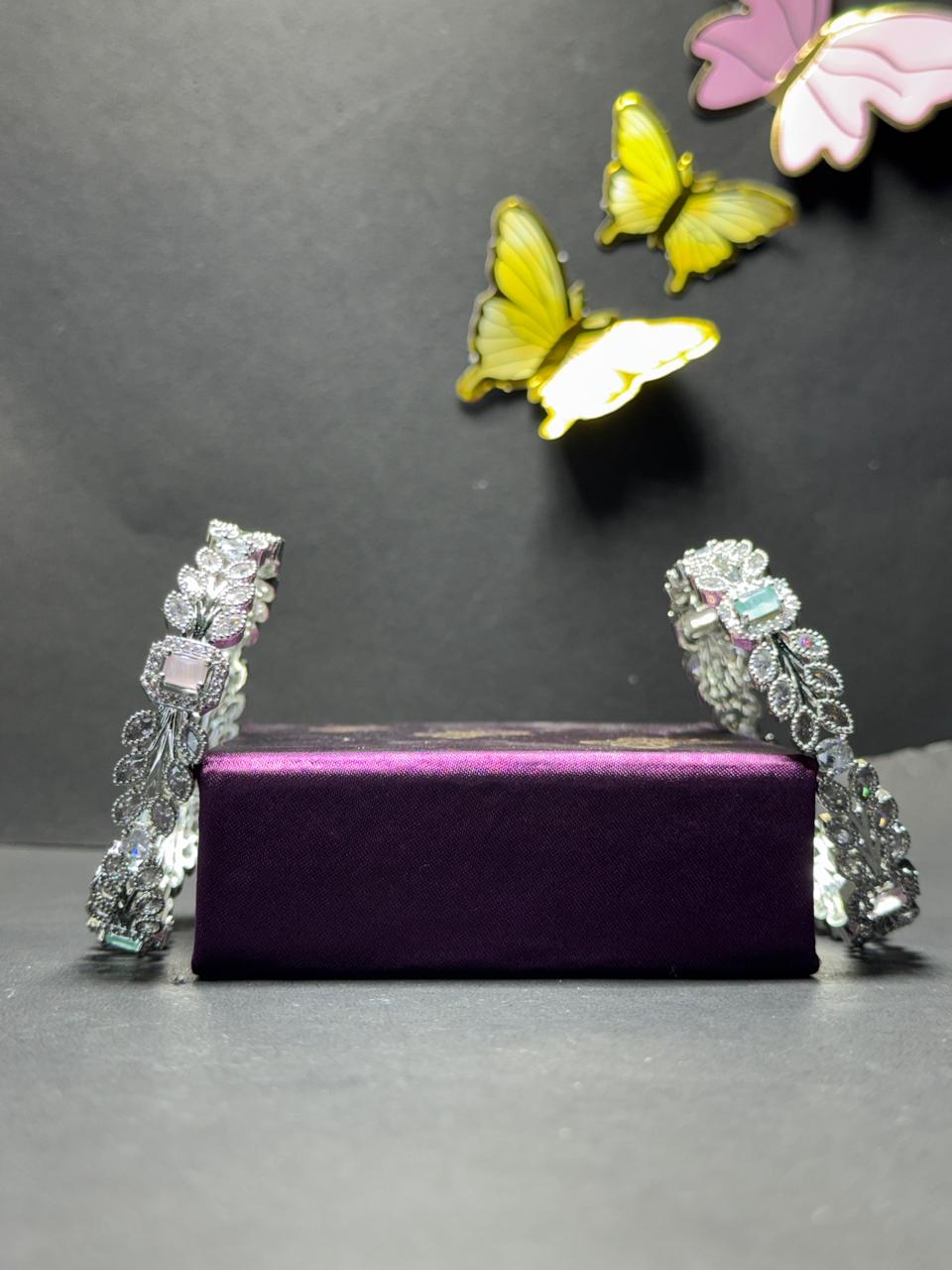 Regal Leaf Motif Statement Bangles – Gold & Silver Plated Kadas with Multi-Color Baguette Gemstones and Marquise Crystals (Set of 2) - Image 6