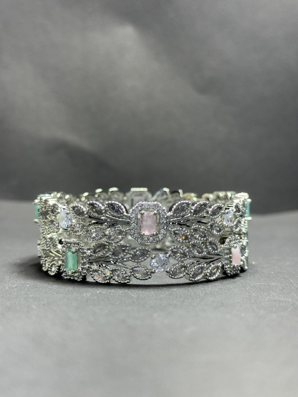 Regal Leaf Motif Statement Bangles – Gold & Silver Plated Kadas with Multi-Color Baguette Gemstones and Marquise Crystals (Set of 2)