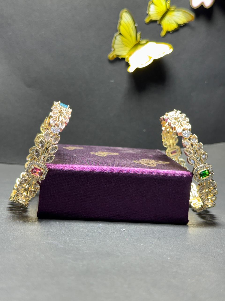 Exquisite Gold-Plated Leaf Motif Bangles with Multi-Color Baguette Gemstones and Marquise Crystals (Set of 2) - Image 4