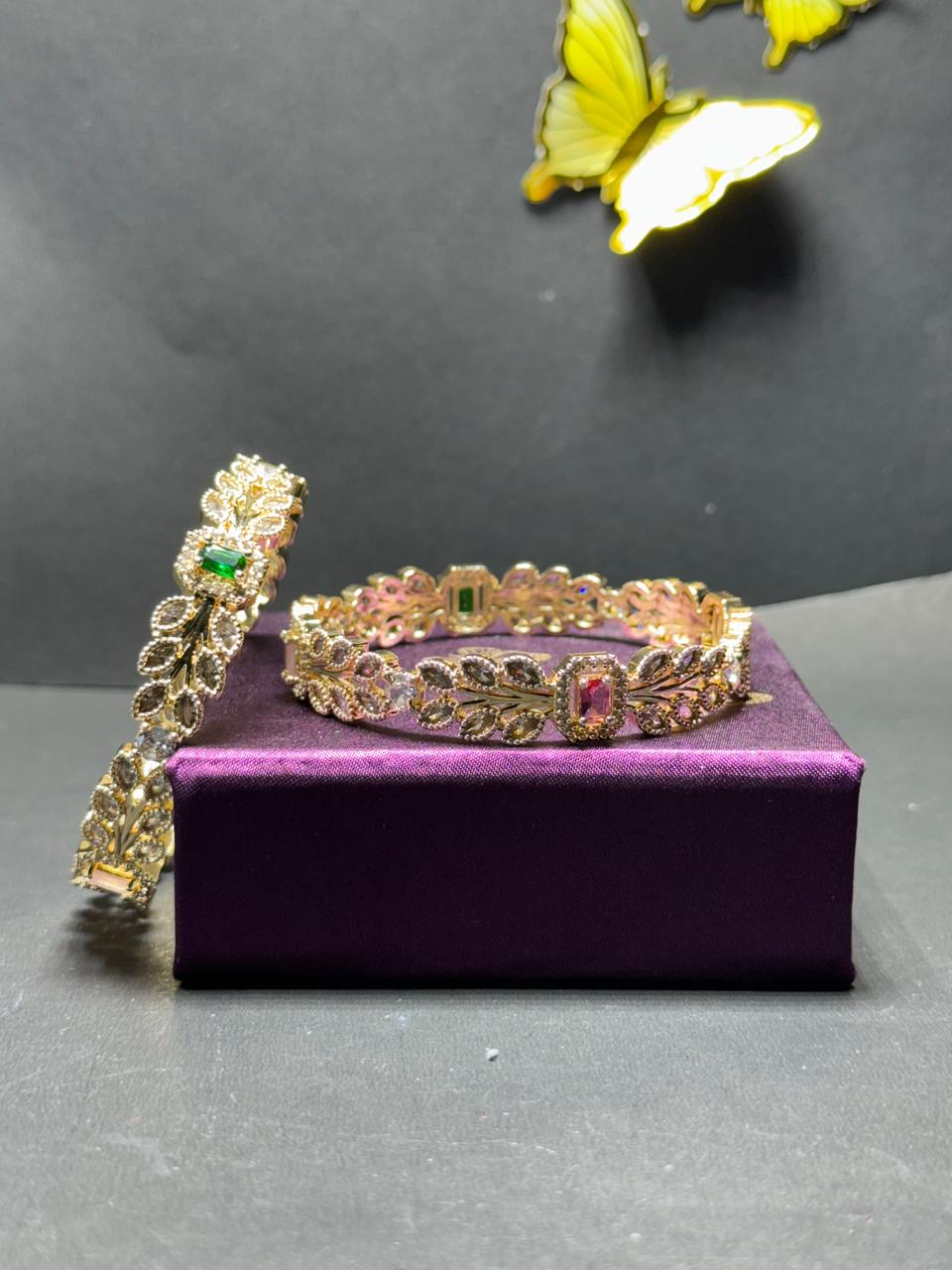 Exquisite Gold-Plated Leaf Motif Bangles with Multi-Color Baguette Gemstones and Marquise Crystals (Set of 2) - Image 5