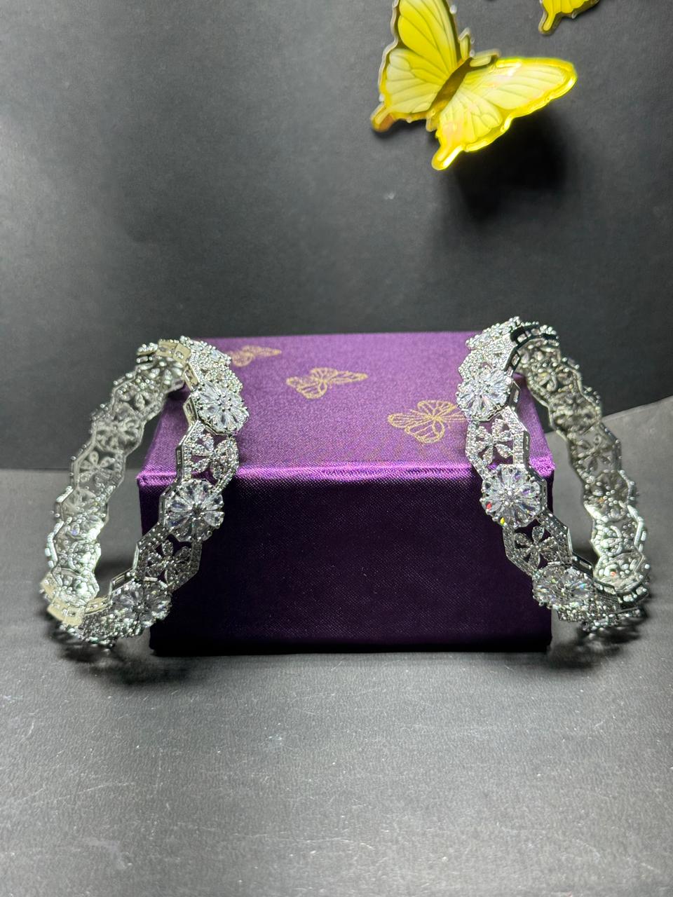 Stunning Silver-Tone Floral Statement Bangles – White Crystal Studded Broad Kadas for Weddings & Parties (Set of 2) - Image 5